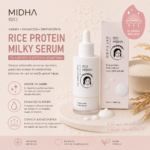 MIDHA Rice Protein Milky Serum, προϊόν περιποίησης προσώπου με πρωτεϊνη ρυζιού, σε λευκή και ροζ συσκευασία